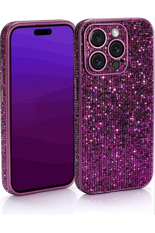 Caş Dekorasyon Mor Renk Taşlı 15 Pro Max Telefon Kılıfı Mor