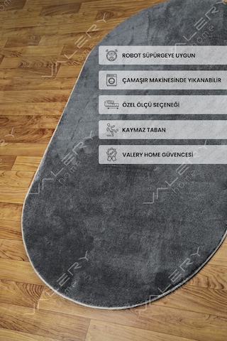 Comfort Ponpon Saçaklı Peluş Halı Antrasit Antrasit Overloklu Oval