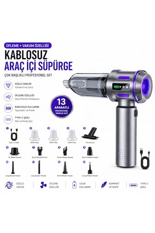 Kablosuz Araç İçi Süpürge 18000pa Güçlü Vakum Üflemeli 13 Aparatlı Type-c Şarjlı El Süpürgesi Gümüş