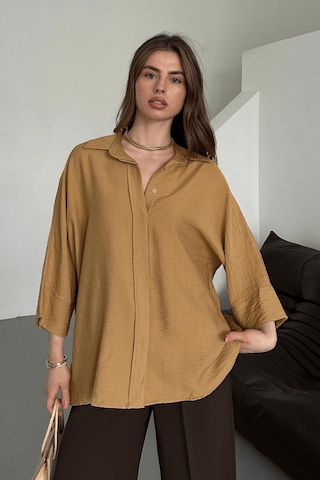 Paw Garage Kadın Evelyn Vizon Oversize Gömlek, Keten Ayrobin Ön Patlı Gömlek Vizon