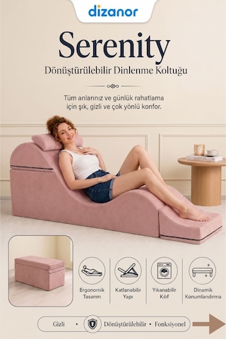 Serenity Çok Amaçlı Dinlenme Koltuğu Katlanabilir Bench Formlu Şezlong Yetişkin Çiftler İçin Ergonomik Destek Minderi Pembe