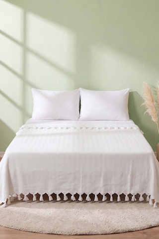 Ekru Natural Çift Kişilik Baskılı Pike & Yatak Örtüsü 200x230 Cm