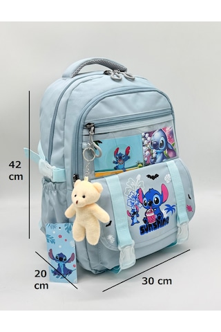 Stitch Desen Aksesuarlı Kore Tarzı Termal Beslenmeli Ve Kalemlikli Kız Çocuk Okul Sırt Çantası Seti Turkuaz