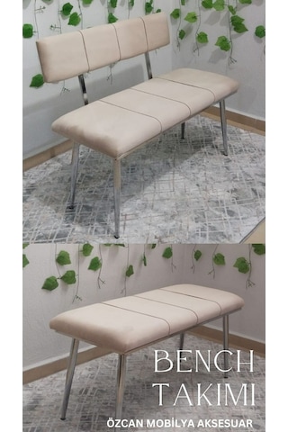 Özcan Metal Krom Metal Ayaklı Bench Sırtlı Mutfak Salon Antre Yatak Odası Puf Bank Oturak Takımı Bej