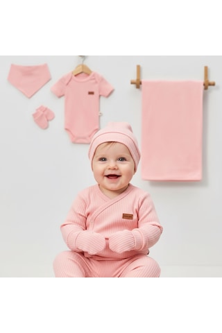 Milays 0-3 Ay Bebeklere %100 Pamuk Çıtçıtlı Body Li Havlulu 7 Parçalı Zıbın Takımı Somon