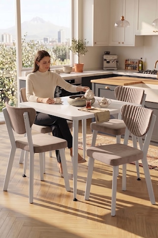 Estro Serisi Mdf Sabit 90x90 Beyaz Mutfak Masası Takımı 4 Adet Sandalye Beyaz Masa Cappucino Sandalye