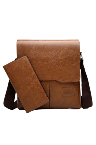 2'li Erkek Omuz Çantası Seti - Kahverengi