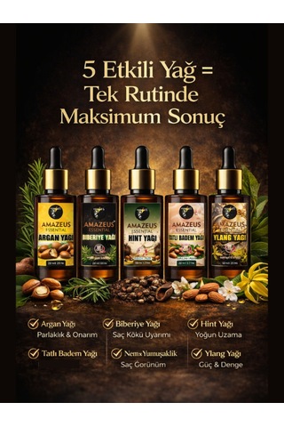 Amazeus Hızlı Uzama & Dökülme Karşıtı 7'li Bitkisel Yağ Seti Argan, Biberiye, Tatlı Badem,hint,ylang Ylang