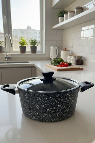 24 Cm Bio Granit Döküm Derin Yemek Tenceresi Yanmaz Ve Yapışmaz Pfoa Free Siyah