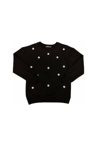 Kız Çocuk Pamuklu İnci İşlemeli İnce Sweatshirt-15007 Siyah