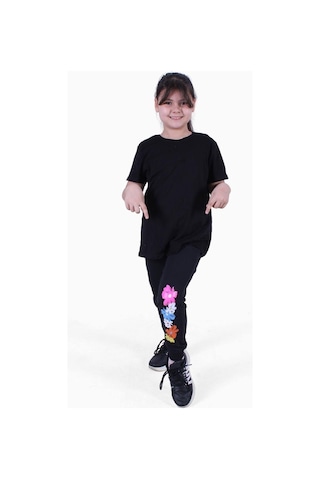 Fyk Kids Desenli-renkli Kız Çocuk Eşofman Altı Siyah