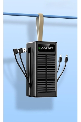 Solar 50.000 Mah Güneş Enerjili Led Işıklı Powerbank Şarj Aleti 4xusb Çıkış Çoklu Şarj Çıkışı Kablo Siyah