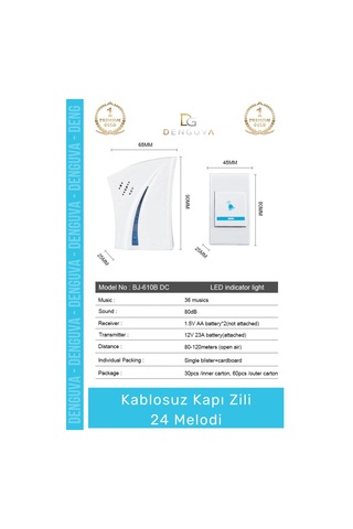 Kapızili 100 Metre Menzilli Pratik Kolay Kurulum Kaliteli Pilli Şık 24 Melodi Kablosuz Kapı Zili