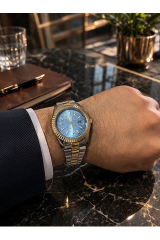 Elifin Işığı Royal Blue Gold Erkek Saat & Aksesuar Seti Premium Hediye Kutulu Altın - Metalik Gri