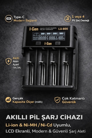 I-gen G426 4'lü 18650 Li-ıon Akıllı Pil Şarj Aleti + 4 Adet 18650 2600mah 5c 3.7v 9.62 Wh Li-ıon Pil Seti