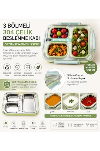 Muzeko Diyet, Beslenme Kabı Mzk4003 Sızdırmaz Kapaklı Metal 3 Bölmeli Lunch Box Beslenme 800ml 304çelik Açık Yeşil