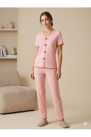 Sleeproom Yazlık Pembe Kiraz Desenli Kısa Kol Penye %100 Pamuk Pijama Takım Pembe Kırmızı Kiraz