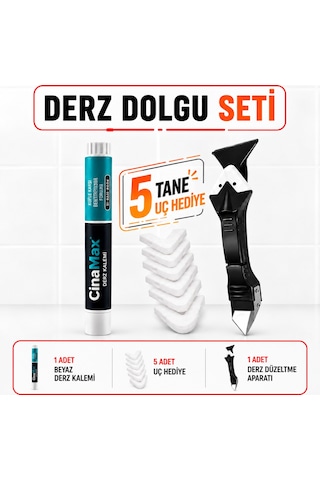 Beyaz Derz Kalemi + 5 Uçlu Derz Kazıyıcı Seti Fayans Derz Yenileme Temizleme Aparatı
