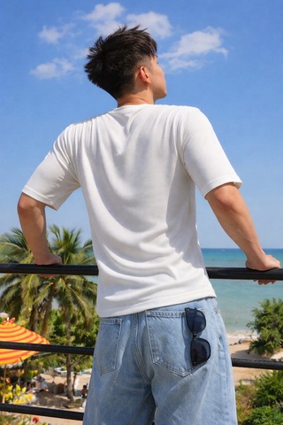 Tarz Cool Erkek Jakarlı Oversize Tişört Bisiklet Yaka Rahat Kalıp Yazlık Basic T-shirt Beyaz