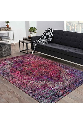 Desenli Kadife Pamuk Tabanlı Yıkanabilen Kaydırmaz Antibakteriyel Salon Halısı 200x300 Çok Renkli