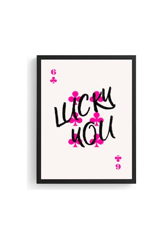 Doğal Ahşap Çerçeveli Retro Pop Art Tablo - Pembe Sembollü Yazı Tasarımı Huhu2642