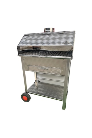 Paslanmaz Kömürlü Mangal 35 X 60 Cm Çekmeceli Tekerlekli Barbekü