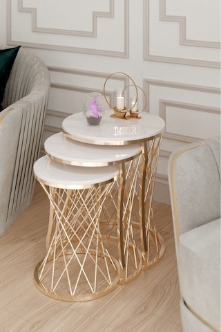 Aurelia Serisi Gold Metal Örgü Desenli 3 Lü Zigon Sehpa Krem Membran Tabla Altın - Krem