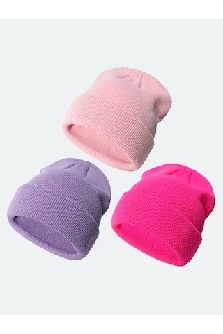 Eke Tekstil Unisex Katlamalı 3'lü Bere Seti Fuşya - Lila - Pembe