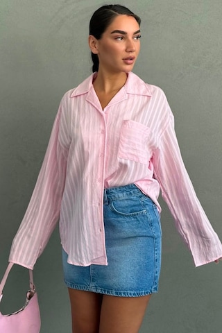 Madmext Pembe Çizgi Desenli Rahat Kesim Kadın Gömlek Mg2741