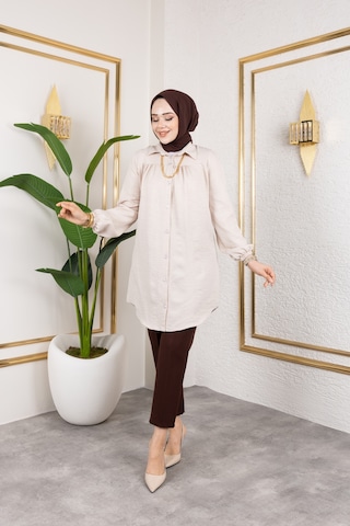 Önü Büzgülü Bilek Lastikli Tunik - Bej / Ü104 Bej