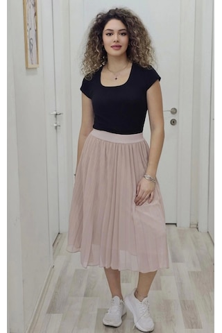 Beli Lastikli Pliseli Etek 6018-pudra Pudra