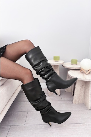 Asmi Shoes Kadın Tima Siyah Cilt 6 Cm Topuklu Körüklü Sivri Burun Çivi Topuk Çizme