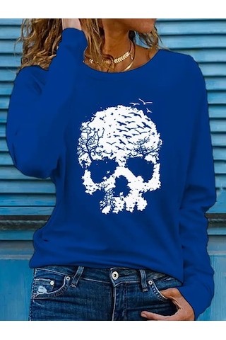 Ahes Shopping Kadın Uzun Kollu Bisiklet Yaka Ayçiçeği Desenli Viskon Bluz Mavi