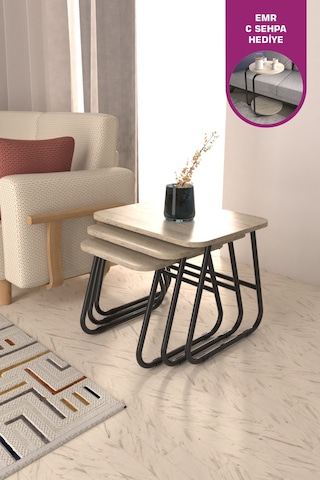 Vilinze Zigana Çok Amaçlı Siyah Metal Ayak 3'lü Traverten Mdf Zigon Sehpa Siyah-traverten