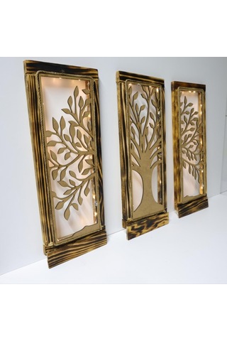 Işıklı Ahşap Çerçeveli 3 Lü Ağaç Motifli Duvar Dekor Seti