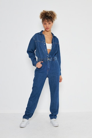 Denim Rahat Kalıp Cıt Cıt Kapamalı Tulum Koyu Mavi