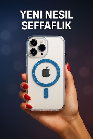 Apple Uyumlu iPhone 16 Pro Simli Magsafe'li Kaliteli Premium Kadın Telefon Kılıf Mavi