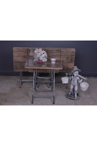 Harmony Katlanabilir Barok Ceviz Zigon 4'lü Sehpa Takım Paslanmaz Gri Metal Ayaklı Ceviz