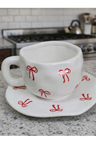 Seramik Tabaklı Handmade Tasarımlı Kupa - Renk Seçenekli Kurdele Desenli Renkli