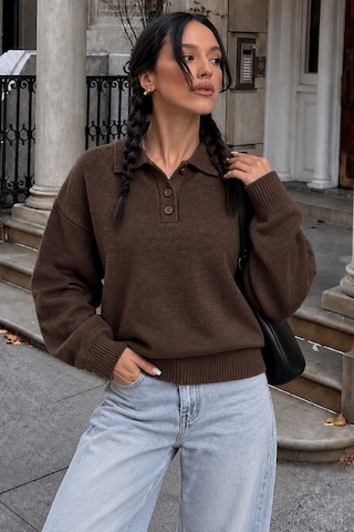 Madmext Kahverengi Düğmeli Polo Yaka Kadın Kazak Mg2307