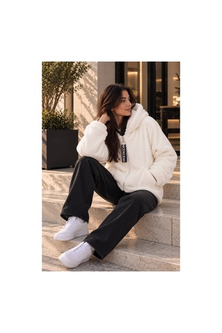 Öners Kadın Kapşonlu Peluş Fermuarlı Sweat Oversize Yumuşak Polar Hoodie Kışlık Sıcak Tutucu Beyaz Beyaz