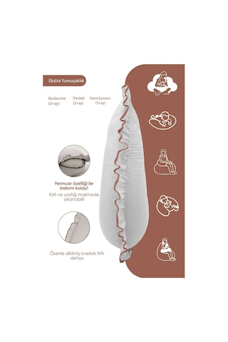 Mordesign Fırfırlı Emzirme Yastığı, Bebek Destek Minderi, Hamile Yastığı, Pamuk Kumaş, Ruffle Seri, Gri Zg10198