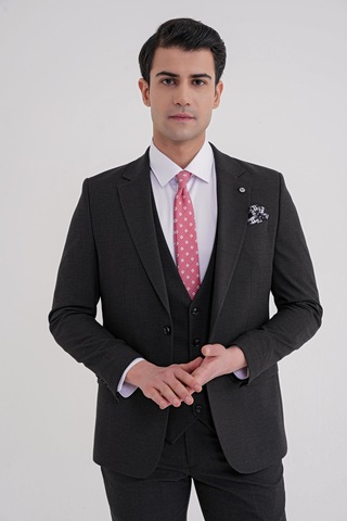 Efor Slim Fit Çift Yırtmaç Ekoseli Esnek Yünlü Yelekli Klasik Siyah Takım Elbise Tk 934 Siyah