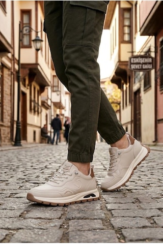 Pepita E350 Rahat Hafif Lastik Bağcıklı Özel Tasarım Spor Sneaker Erkek Ayakkabı Bej