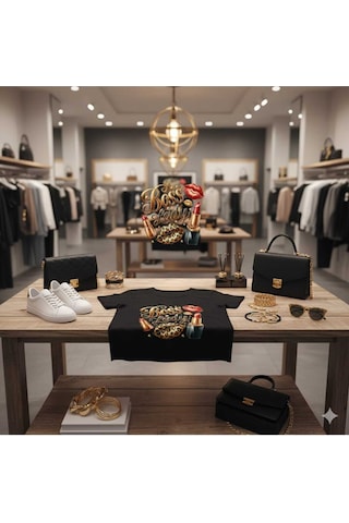 Lady Leopar Baskılı Ruj Detaylı Basıc T-shirt Siyah