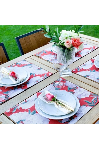 Red - White Rose Kumaş Amerikan Servis 4'lü Set - Keten Kumaş Ulusl. Yıkama Ve Solmama Sertifikası Çok Renkli