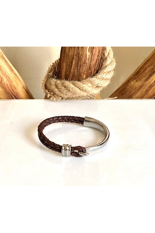 %100 Deri&krom Kombin Kahve Erkek Bileklik Net 22cm Türk Üretim Kahverengi