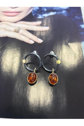 Gumusevi Kehribar Taşli 925 Ayar El Işi Gümüş Küpe