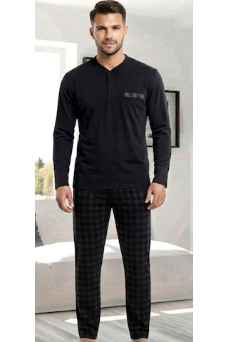 Erse Uzun Kol Pamuklu İnterlok Erkek Pijama Takımı Siyah - 9091554973088
