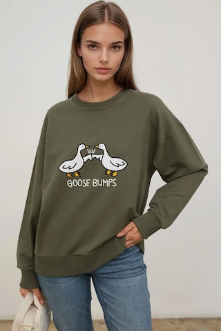 Hiccup Baskılı Yuvarlak Yaka Rahat Kesim Sweatshirt Haki